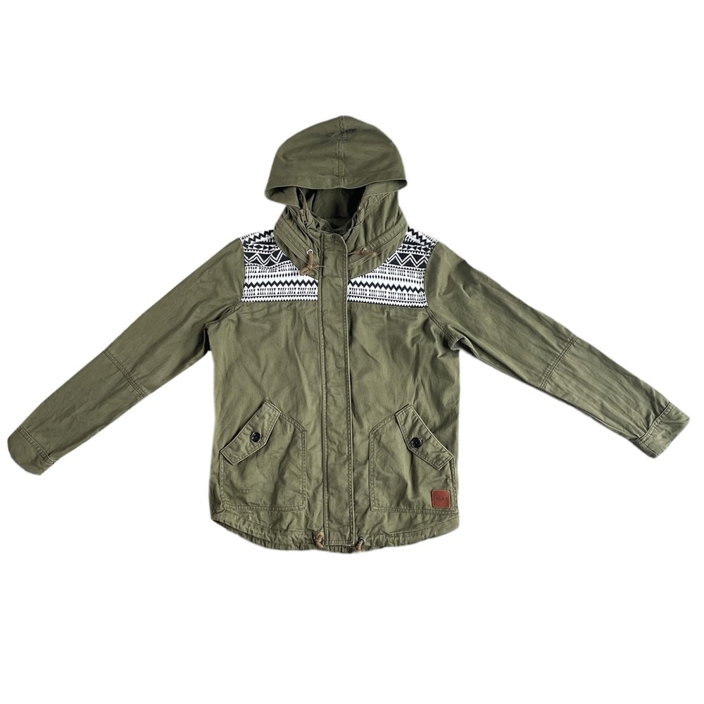 Women’s ROXY Army Green Hooded Jacket w/ Aztec Pattern & Pockets MEDIUM